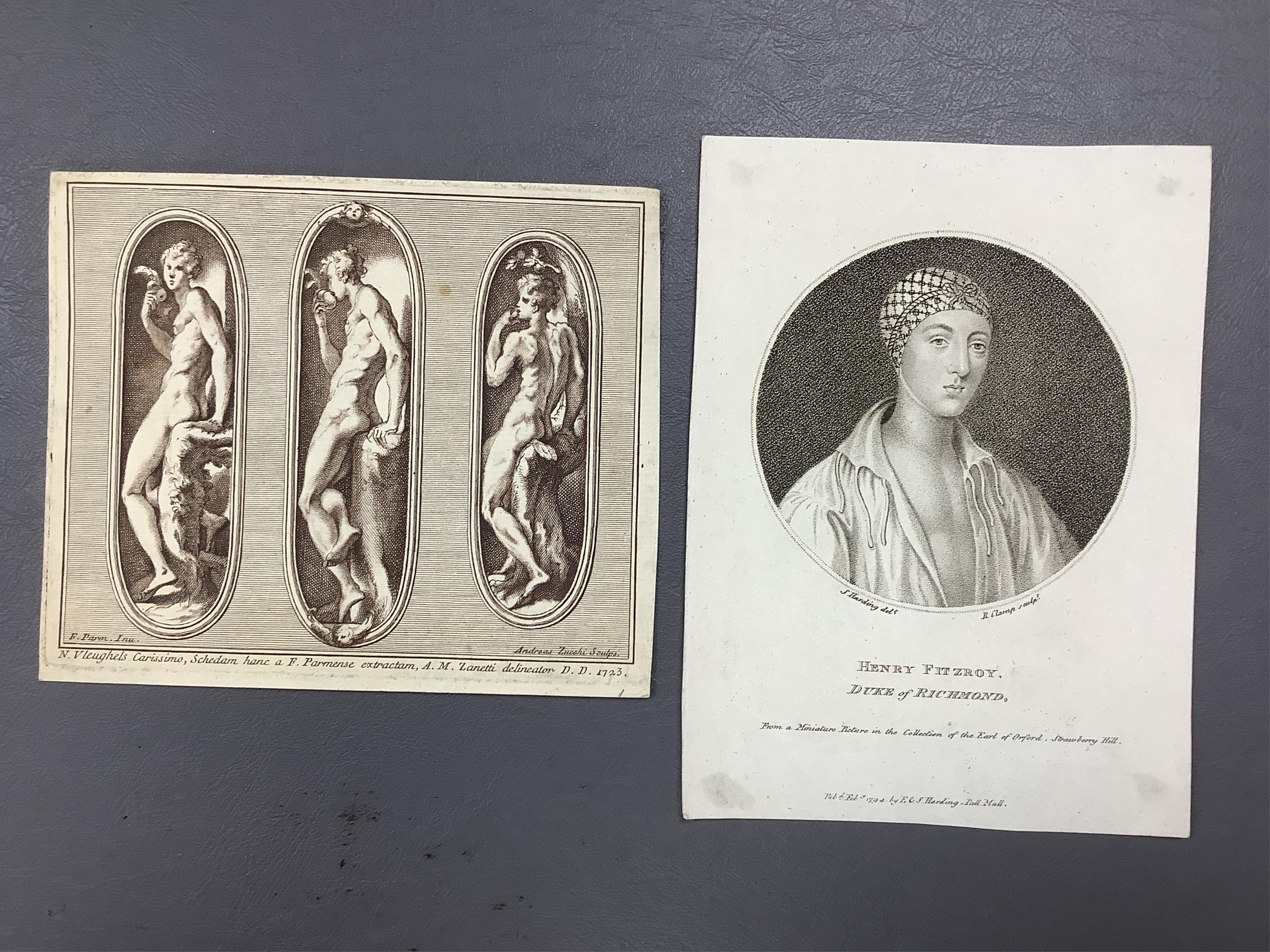 18th century, Old Master school, Classical scene, sanguine chalk on buff paper, together with a collection of early engravings, prints and book plates to include after Wenceslaus Hollar, Portrait of William Fenner, Recto